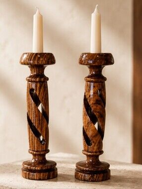 Vintage Pair Spiral Twist Carved Wood Taper Candlesticks 7" MCM